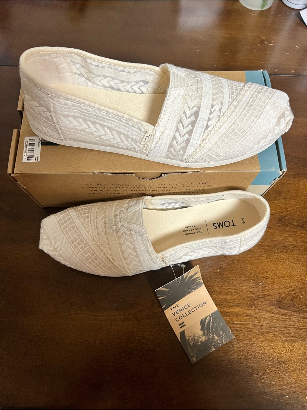TOMS Venice Collection Slip-On Shoes in Off-White Natural Arrow Embroidered Mesh